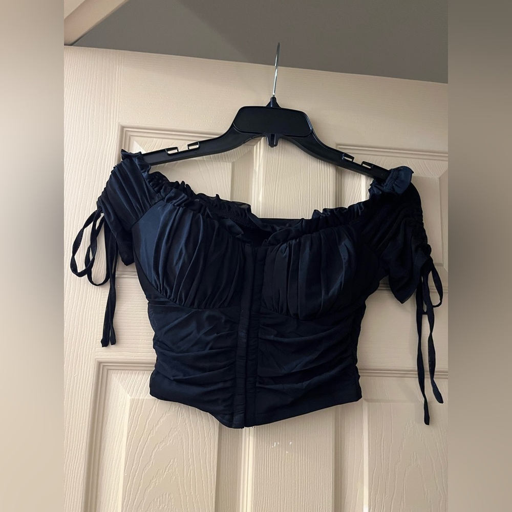 NEW W TAGS Black Mesh Windsor Going Out Cropped Bow Frilly Girly Top